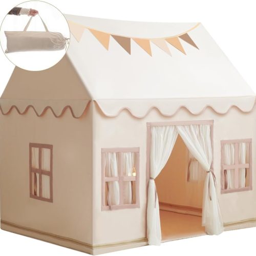 Kids Play Tent, with Star Lights, Flags, Tote Bag, Indoor & Outdoor, Washable, Neutral Color