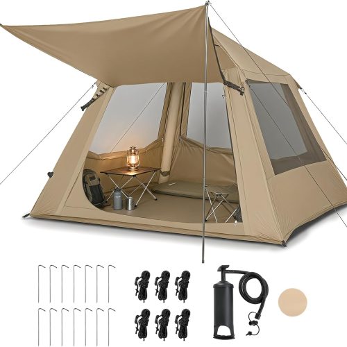 Inflatable Camping Tent, All-Weather, with Pump, Mesh Doors & Windows